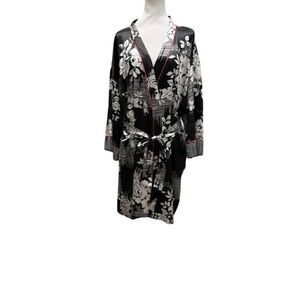 Morgan Taylor Intimates Womens Black Satin Kimono Floral Wrap Robe XXL EUC